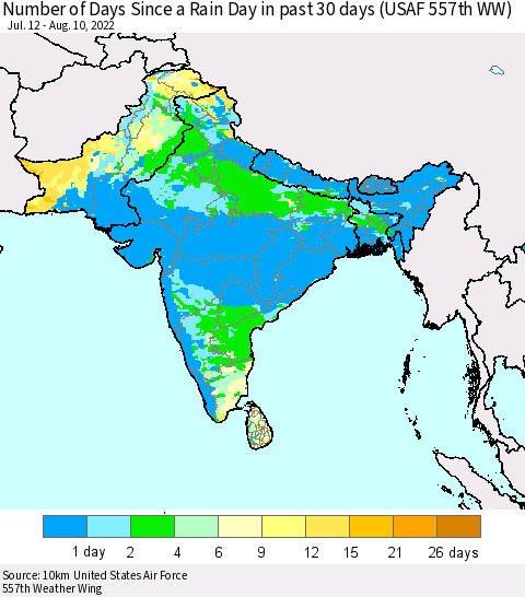 Southern Asia Number of Days Since a Rain Day in past 30 days (USAF 557th WW) Thematic Map For 8/6/2022 - 8/10/2022