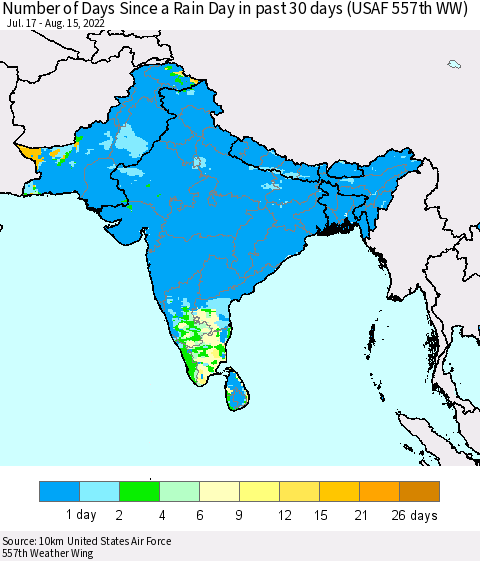 Southern Asia Number of Days Since a Rain Day in past 30 days (USAF 557th WW) Thematic Map For 8/11/2022 - 8/15/2022