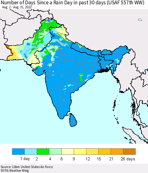 Southern Asia Number of Days Since a Rain Day in past 30 days (USAF 557th WW) Thematic Map For 8/26/2022 - 8/31/2022