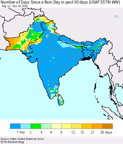Southern Asia Number of Days Since a Rain Day in past 30 days (USAF 557th WW) Thematic Map For 9/6/2022 - 9/10/2022