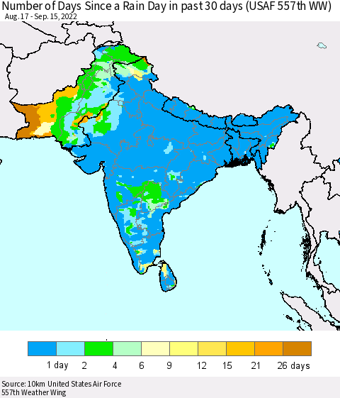 Southern Asia Number of Days Since a Rain Day in past 30 days (USAF 557th WW) Thematic Map For 9/11/2022 - 9/15/2022