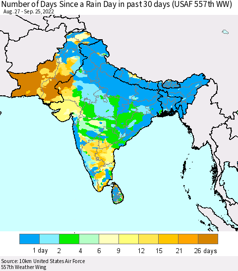 Southern Asia Number of Days Since a Rain Day in past 30 days (USAF 557th WW) Thematic Map For 9/21/2022 - 9/25/2022