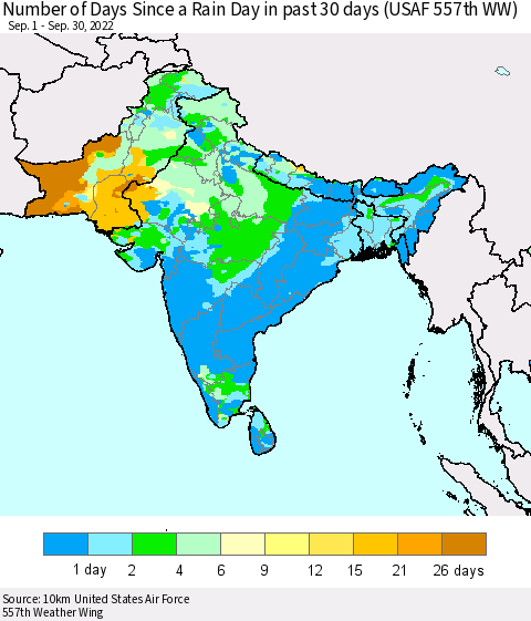 Southern Asia Number of Days Since a Rain Day in past 30 days (USAF 557th WW) Thematic Map For 9/26/2022 - 9/30/2022