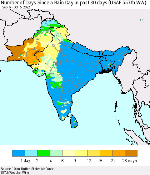 Southern Asia Number of Days Since a Rain Day in past 30 days (USAF 557th WW) Thematic Map For 10/1/2022 - 10/5/2022