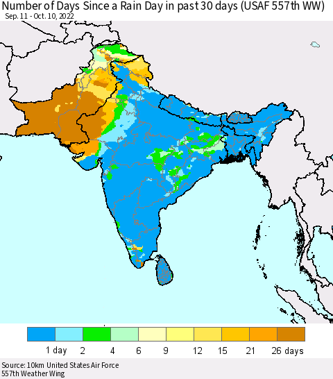 Southern Asia Number of Days Since a Rain Day in past 30 days (USAF 557th WW) Thematic Map For 10/6/2022 - 10/10/2022