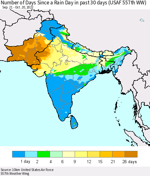 Southern Asia Number of Days Since a Rain Day in past 30 days (USAF 557th WW) Thematic Map For 10/16/2022 - 10/20/2022