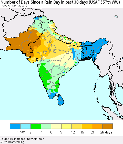 Southern Asia Number of Days Since a Rain Day in past 30 days (USAF 557th WW) Thematic Map For 10/21/2022 - 10/25/2022