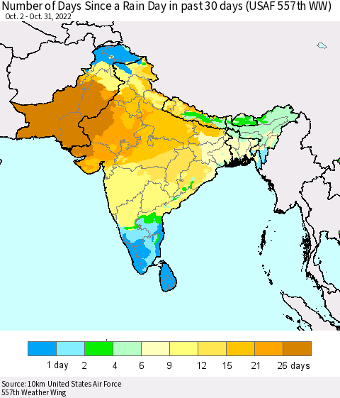 Southern Asia Number of Days Since a Rain Day in past 30 days (USAF 557th WW) Thematic Map For 10/26/2022 - 10/31/2022