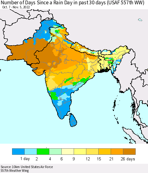 Southern Asia Number of Days Since a Rain Day in past 30 days (USAF 557th WW) Thematic Map For 11/1/2022 - 11/5/2022