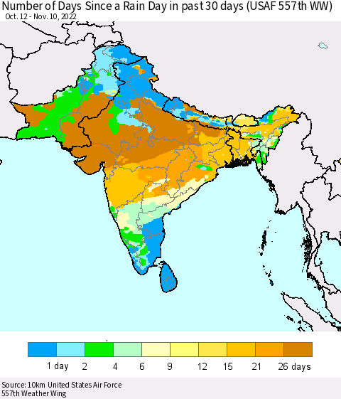 Southern Asia Number of Days Since a Rain Day in past 30 days (USAF 557th WW) Thematic Map For 11/6/2022 - 11/10/2022
