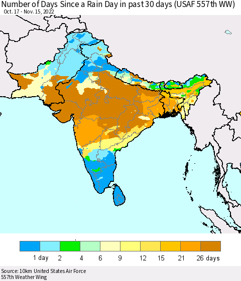 Southern Asia Number of Days Since a Rain Day in past 30 days (USAF 557th WW) Thematic Map For 11/11/2022 - 11/15/2022