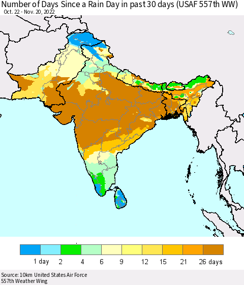 Southern Asia Number of Days Since a Rain Day in past 30 days (USAF 557th WW) Thematic Map For 11/16/2022 - 11/20/2022