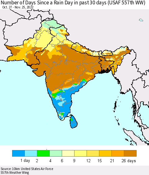 Southern Asia Number of Days Since a Rain Day in past 30 days (USAF 557th WW) Thematic Map For 11/21/2022 - 11/25/2022