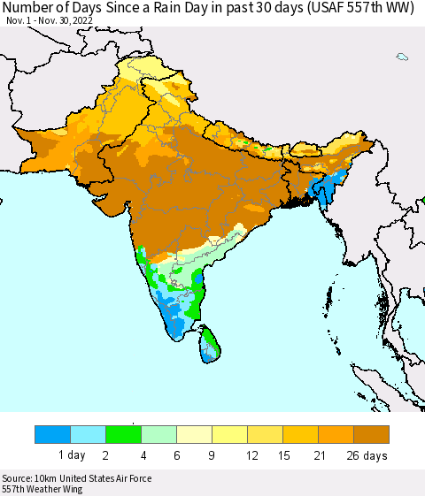 Southern Asia Number of Days Since a Rain Day in past 30 days (USAF 557th WW) Thematic Map For 11/26/2022 - 11/30/2022