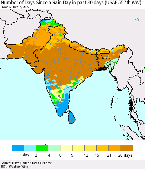 Southern Asia Number of Days Since a Rain Day in past 30 days (USAF 557th WW) Thematic Map For 12/1/2022 - 12/5/2022