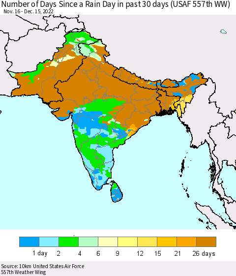 Southern Asia Number of Days Since a Rain Day in past 30 days (USAF 557th WW) Thematic Map For 12/11/2022 - 12/15/2022