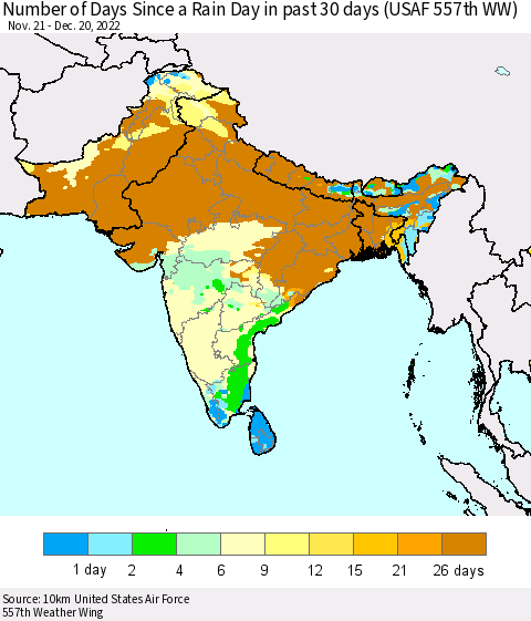 Southern Asia Number of Days Since a Rain Day in past 30 days (USAF 557th WW) Thematic Map For 12/16/2022 - 12/20/2022