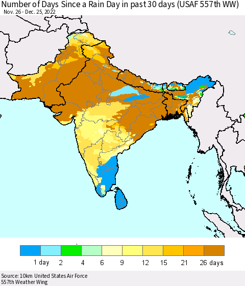 Southern Asia Number of Days Since a Rain Day in past 30 days (USAF 557th WW) Thematic Map For 12/21/2022 - 12/25/2022