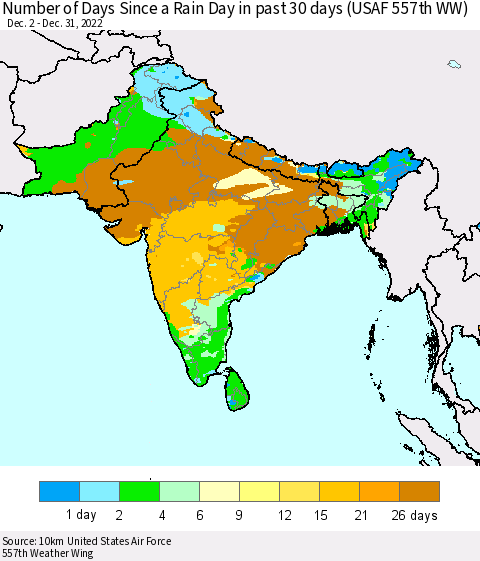 Southern Asia Number of Days Since a Rain Day in past 30 days (USAF 557th WW) Thematic Map For 12/26/2022 - 12/31/2022