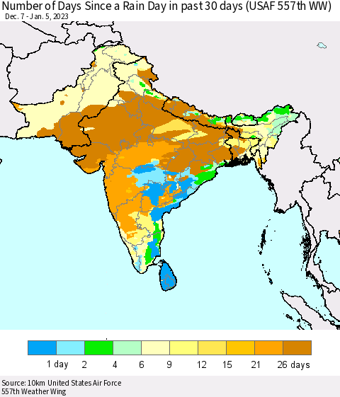 Southern Asia Number of Days Since a Rain Day in past 30 days (USAF 557th WW) Thematic Map For 1/1/2023 - 1/5/2023