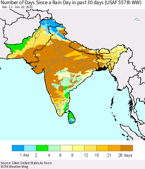 Southern Asia Number of Days Since a Rain Day in past 30 days (USAF 557th WW) Thematic Map For 1/6/2023 - 1/10/2023