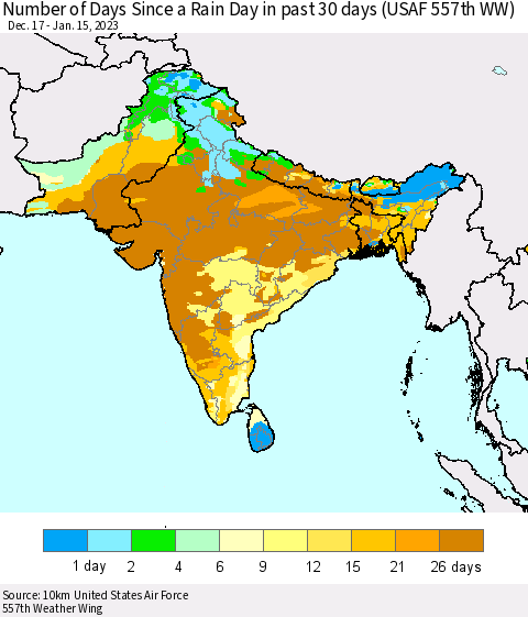Southern Asia Number of Days Since a Rain Day in past 30 days (USAF 557th WW) Thematic Map For 1/11/2023 - 1/15/2023