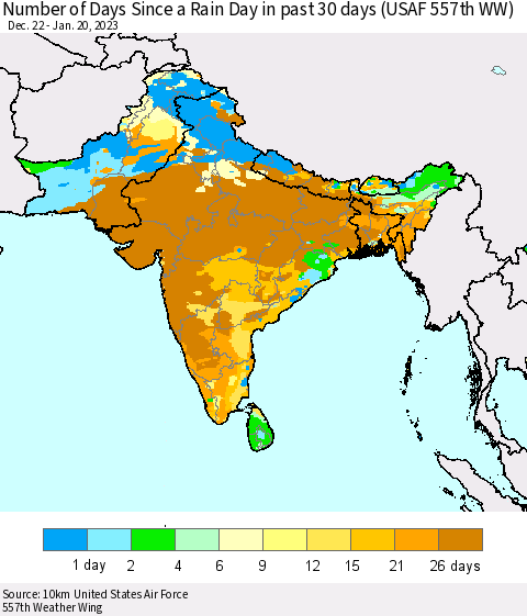 Southern Asia Number of Days Since a Rain Day in past 30 days (USAF 557th WW) Thematic Map For 1/16/2023 - 1/20/2023
