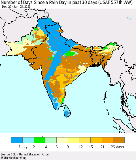 Southern Asia Number of Days Since a Rain Day in past 30 days (USAF 557th WW) Thematic Map For 1/21/2023 - 1/25/2023