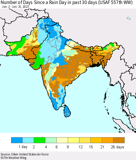Southern Asia Number of Days Since a Rain Day in past 30 days (USAF 557th WW) Thematic Map For 1/26/2023 - 1/31/2023