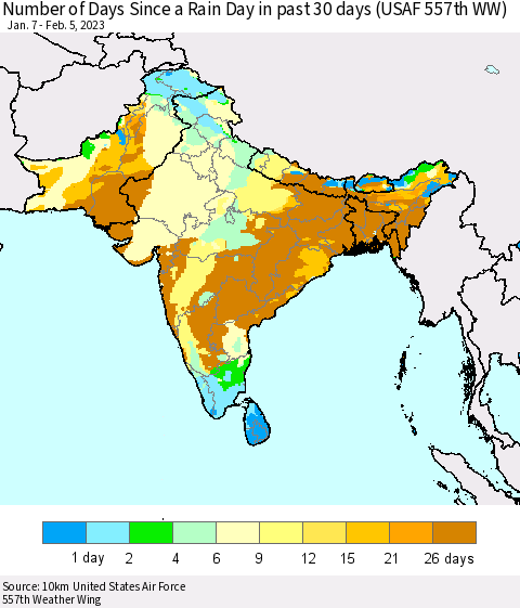 Southern Asia Number of Days Since a Rain Day in past 30 days (USAF 557th WW) Thematic Map For 2/1/2023 - 2/5/2023