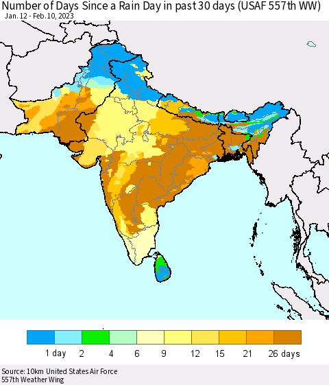 Southern Asia Number of Days Since a Rain Day in past 30 days (USAF 557th WW) Thematic Map For 2/6/2023 - 2/10/2023