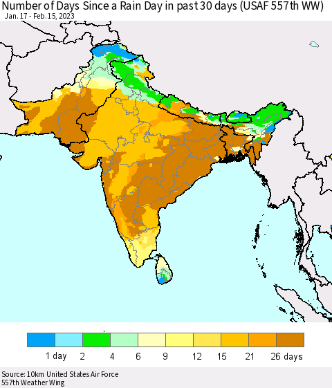 Southern Asia Number of Days Since a Rain Day in past 30 days (USAF 557th WW) Thematic Map For 2/11/2023 - 2/15/2023