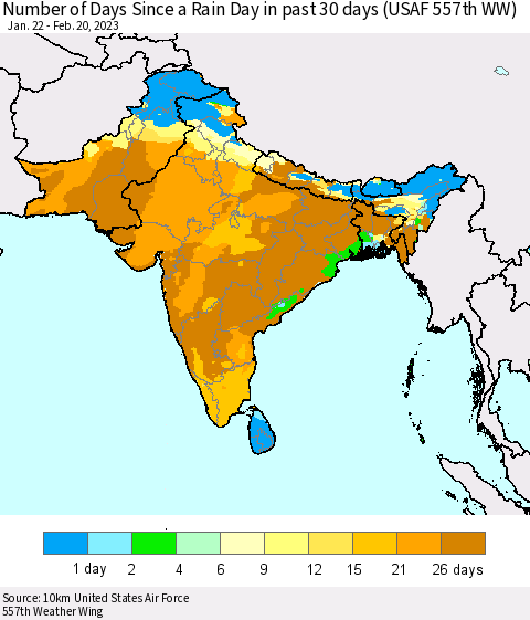 Southern Asia Number of Days Since a Rain Day in past 30 days (USAF 557th WW) Thematic Map For 2/16/2023 - 2/20/2023