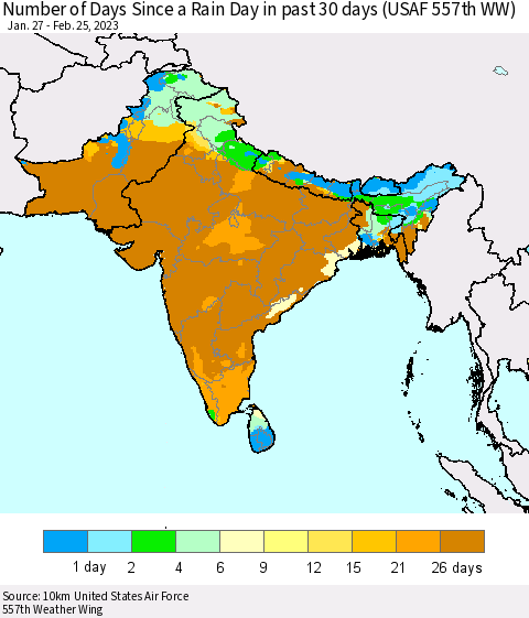 Southern Asia Number of Days Since a Rain Day in past 30 days (USAF 557th WW) Thematic Map For 2/21/2023 - 2/25/2023
