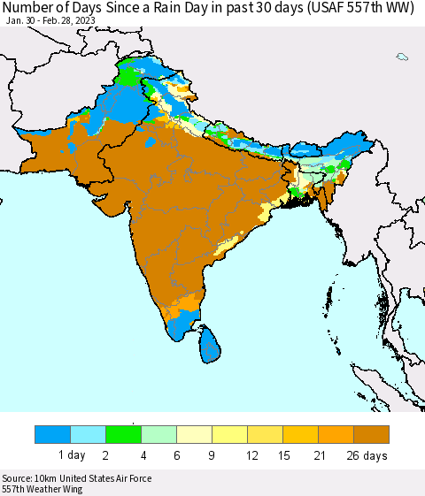 Southern Asia Number of Days Since a Rain Day in past 30 days (USAF 557th WW) Thematic Map For 2/26/2023 - 2/28/2023