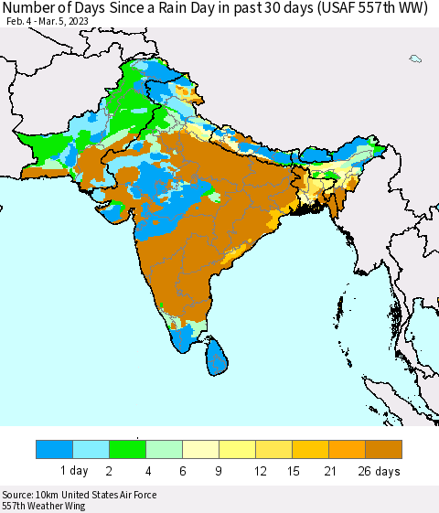 Southern Asia Number of Days Since a Rain Day in past 30 days (USAF 557th WW) Thematic Map For 3/1/2023 - 3/5/2023