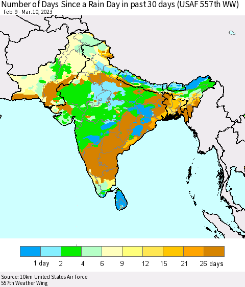 Southern Asia Number of Days Since a Rain Day in past 30 days (USAF 557th WW) Thematic Map For 3/6/2023 - 3/10/2023