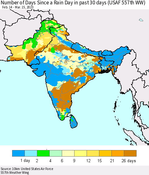 Southern Asia Number of Days Since a Rain Day in past 30 days (USAF 557th WW) Thematic Map For 3/11/2023 - 3/15/2023