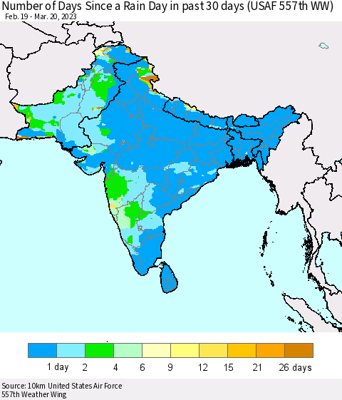 Southern Asia Number of Days Since a Rain Day in past 30 days (USAF 557th WW) Thematic Map For 3/16/2023 - 3/20/2023