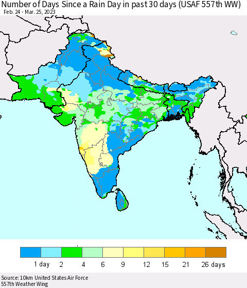 Southern Asia Number of Days Since a Rain Day in past 30 days (USAF 557th WW) Thematic Map For 3/21/2023 - 3/25/2023
