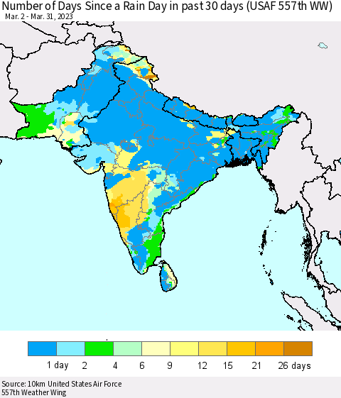 Southern Asia Number of Days Since a Rain Day in past 30 days (USAF 557th WW) Thematic Map For 3/26/2023 - 3/31/2023