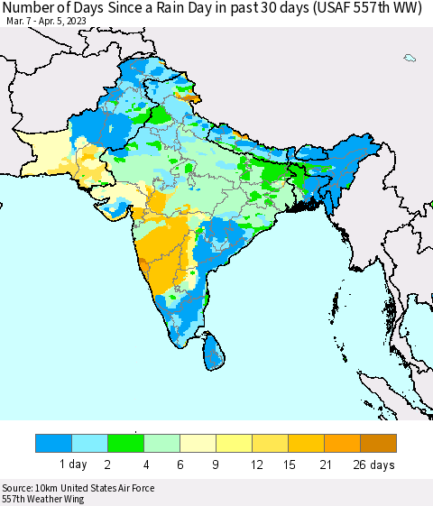 Southern Asia Number of Days Since a Rain Day in past 30 days (USAF 557th WW) Thematic Map For 4/1/2023 - 4/5/2023