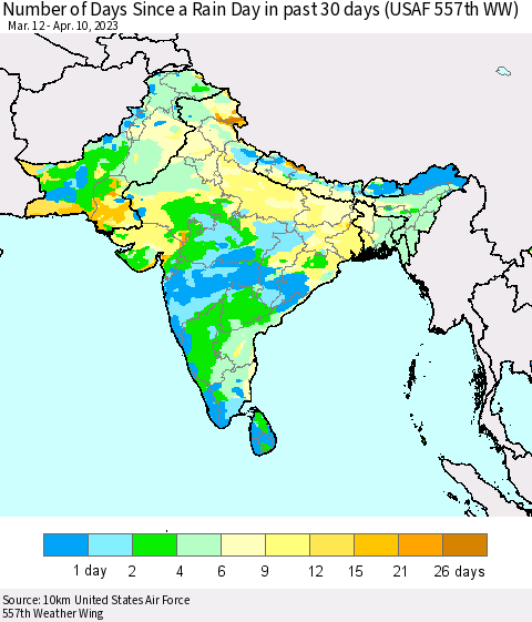 Southern Asia Number of Days Since a Rain Day in past 30 days (USAF 557th WW) Thematic Map For 4/6/2023 - 4/10/2023