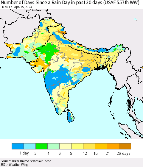 Southern Asia Number of Days Since a Rain Day in past 30 days (USAF 557th WW) Thematic Map For 4/11/2023 - 4/15/2023
