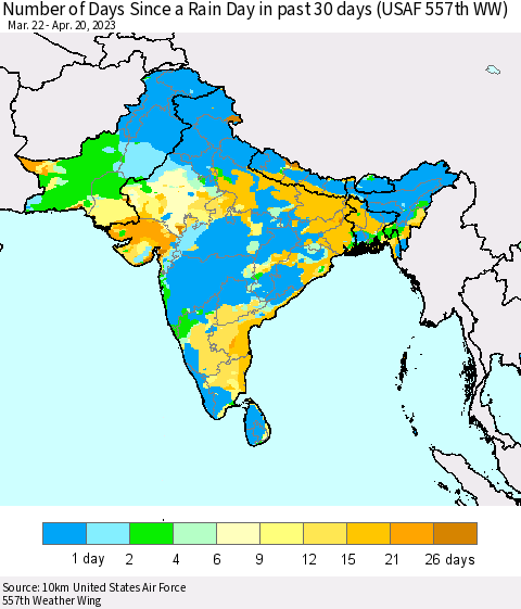 Southern Asia Number of Days Since a Rain Day in past 30 days (USAF 557th WW) Thematic Map For 4/16/2023 - 4/20/2023