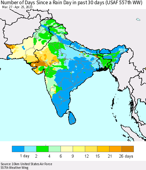Southern Asia Number of Days Since a Rain Day in past 30 days (USAF 557th WW) Thematic Map For 4/21/2023 - 4/25/2023