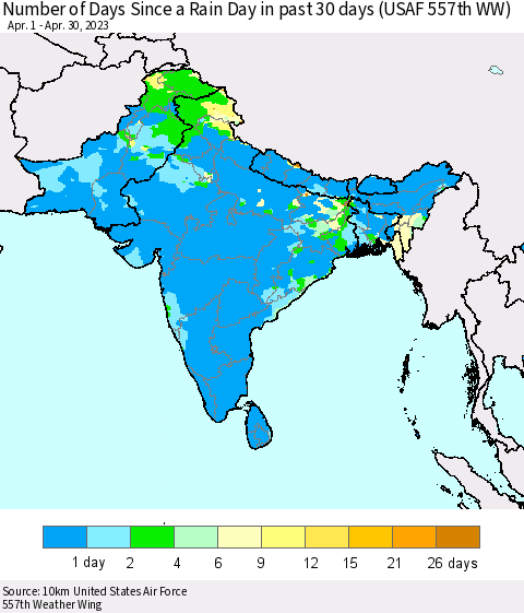 Southern Asia Number of Days Since a Rain Day in past 30 days (USAF 557th WW) Thematic Map For 4/26/2023 - 4/30/2023