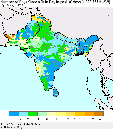 Southern Asia Number of Days Since a Rain Day in past 30 days (USAF 557th WW) Thematic Map For 5/1/2023 - 5/5/2023