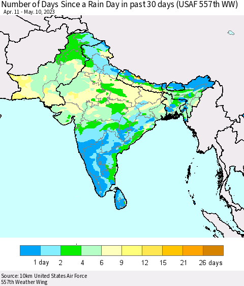 Southern Asia Number of Days Since a Rain Day in past 30 days (USAF 557th WW) Thematic Map For 5/6/2023 - 5/10/2023