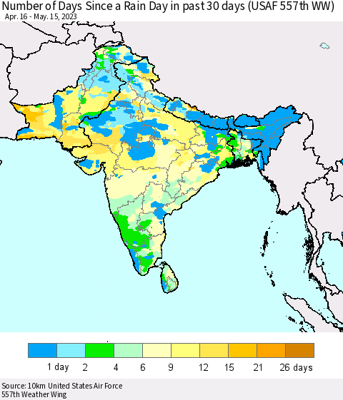 Southern Asia Number of Days Since a Rain Day in past 30 days (USAF 557th WW) Thematic Map For 5/11/2023 - 5/15/2023
